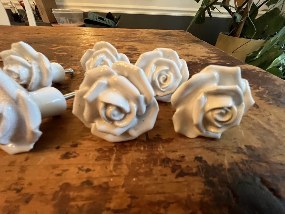 Ceramic White Rosebud Flower Drawer Pulls 7 Pieces 2” Shabby Boho