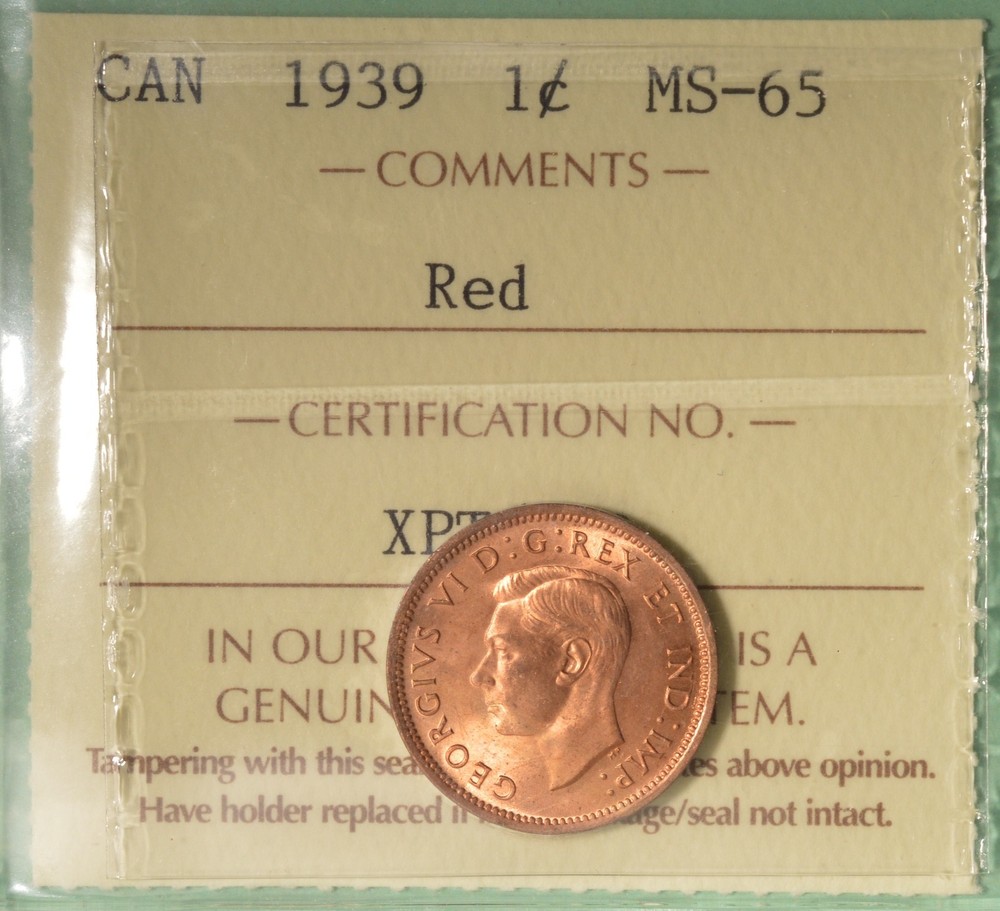 1939 -  Canada Penny  - ICCS MS-65 RED  serial# XPT 590