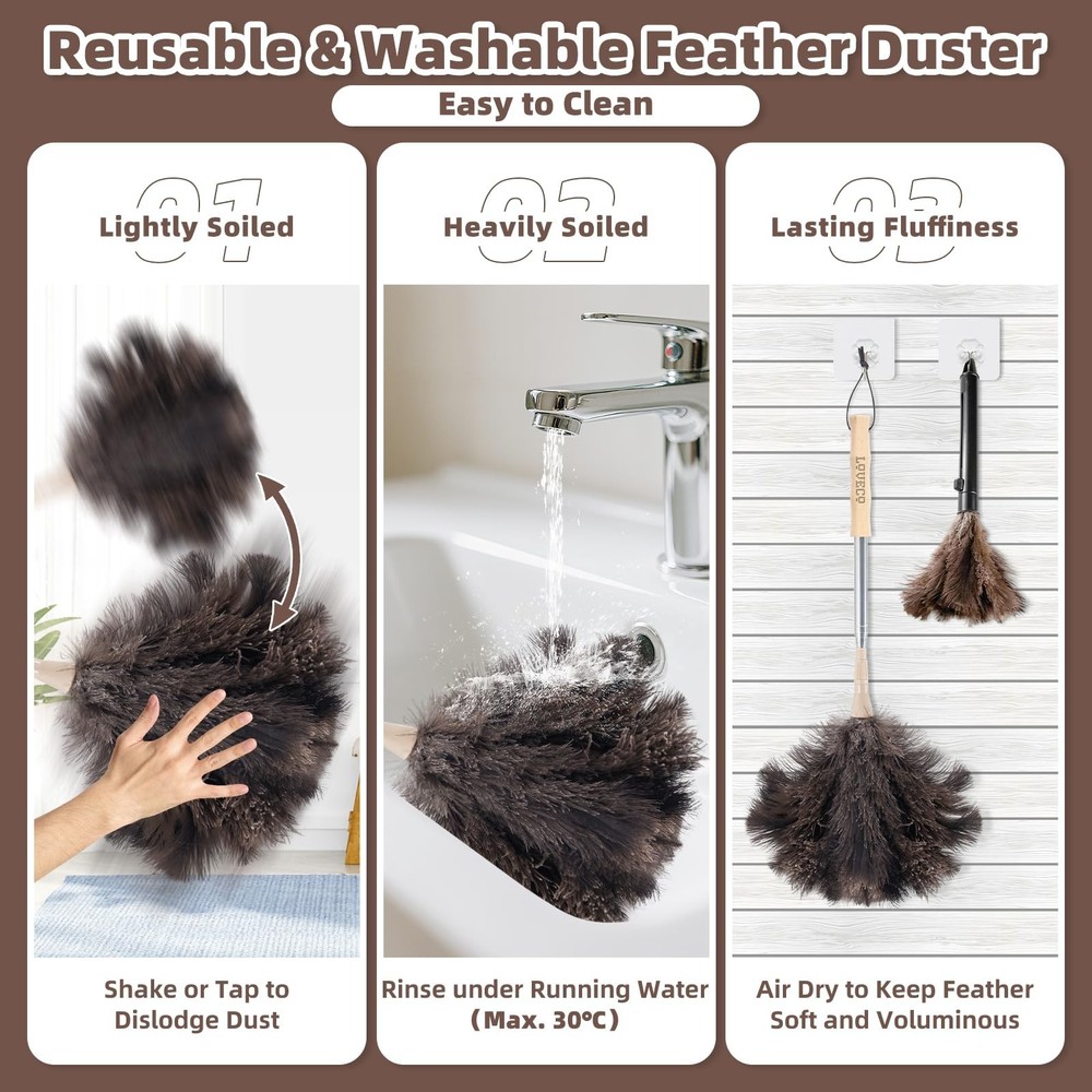 Ostrich Feather Dusters for Cleaning Kit - Reusable Soft Feather Duster Exten...