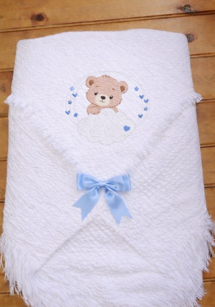 Boy Teddy On Cloud Personalised Name WHITE Baby's Shawl or plain