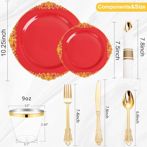 350PCS Plastic Plates - Gold Plastic Dinnerware Sets for 50 Guests - 100 Red