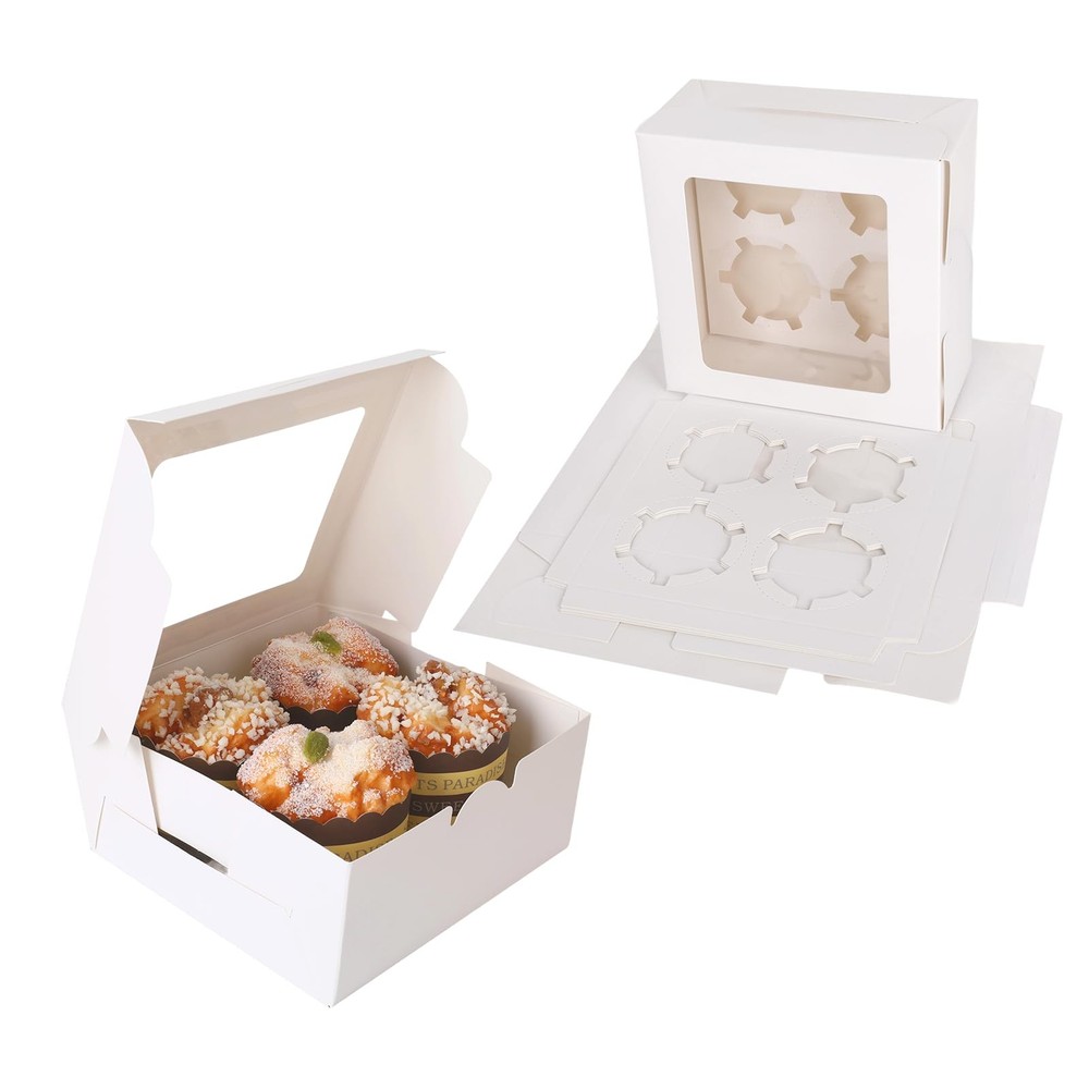 20 PCS 6.3x6.3x3 Inch White 4 Count Cupcake Boxes Clear Window Insert Dessert