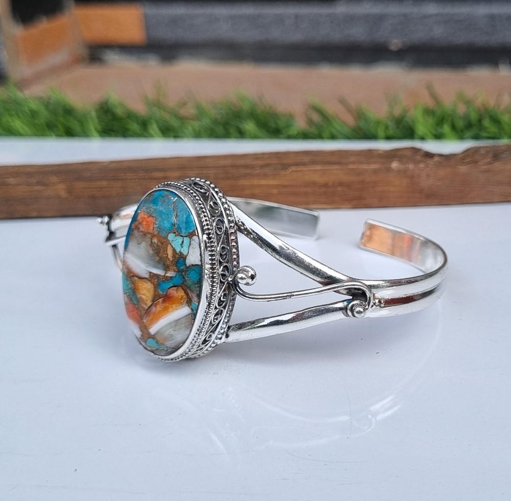Oyster Copper Turquoise Gemstone 925 Sterling Silver Adjustable Bangle PG1007
