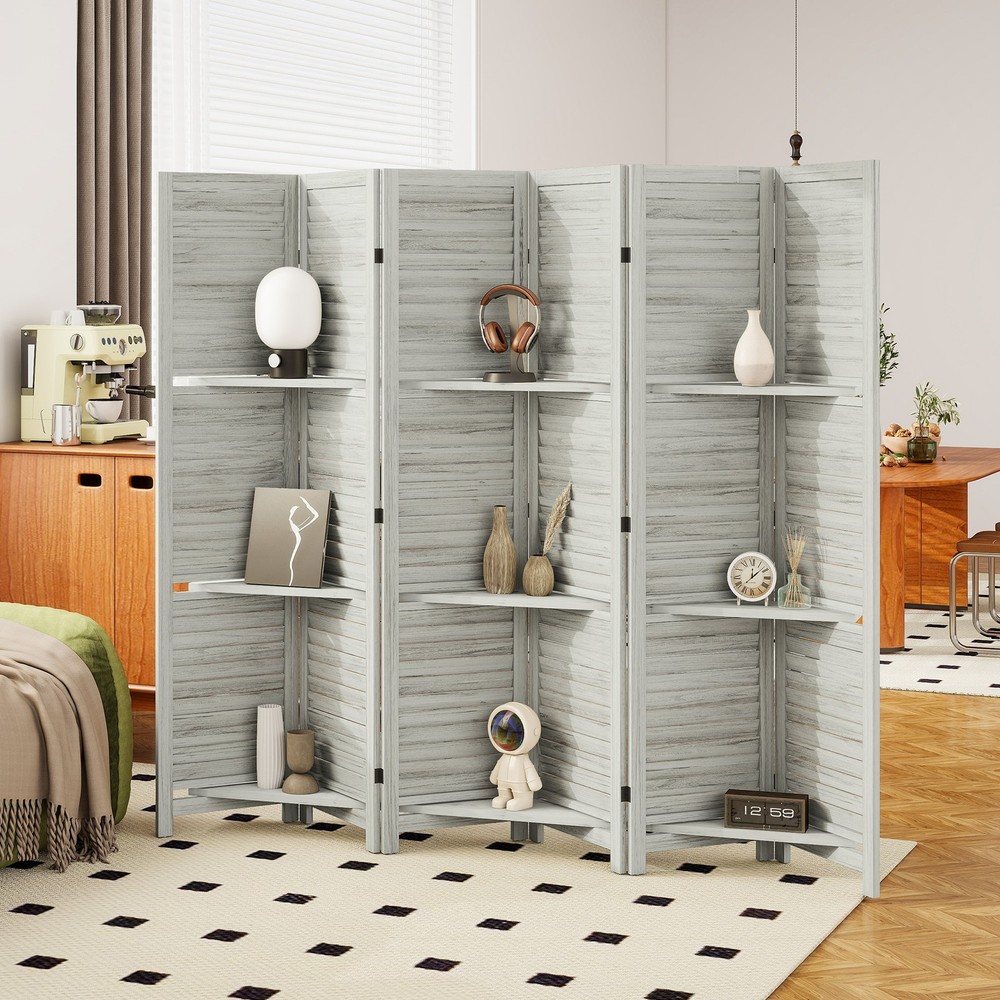 6 Panel Privacy Screen, Room Divider with 3 Shelves, White