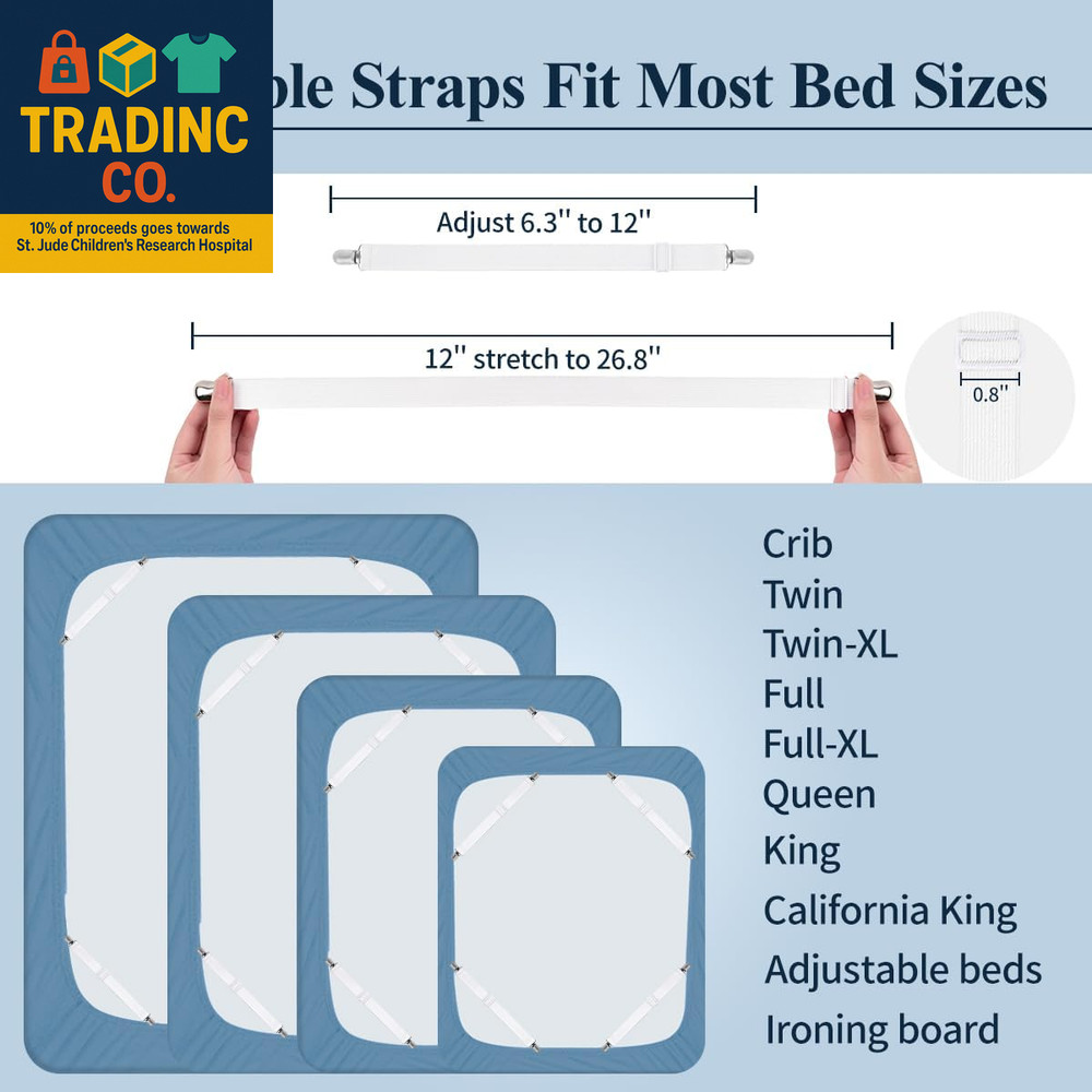 Bed Sheet Straps, Adjustable Elastic Fitted Sheet Corner Holders Straps to Stay