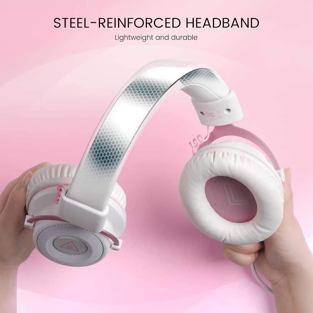 EKSA E900 Gaming Headset w/ Noise Cancelling Microphone for PC White/Pink
