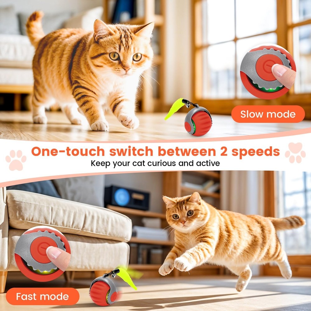 Interactive Cat Ball Toy with Moving Tail, Automatic Rolling Pet Toy - Blue&Red