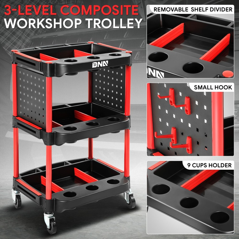 260lbs. 3-Level Composite PP Warehouse Garage Office Rolling Trolley w/ Pegboard