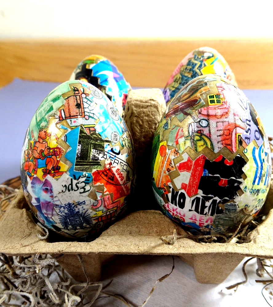 4 Handmade Decoupage EASTER EGGS Vintage Postage Stamps Home Decor Wrapped