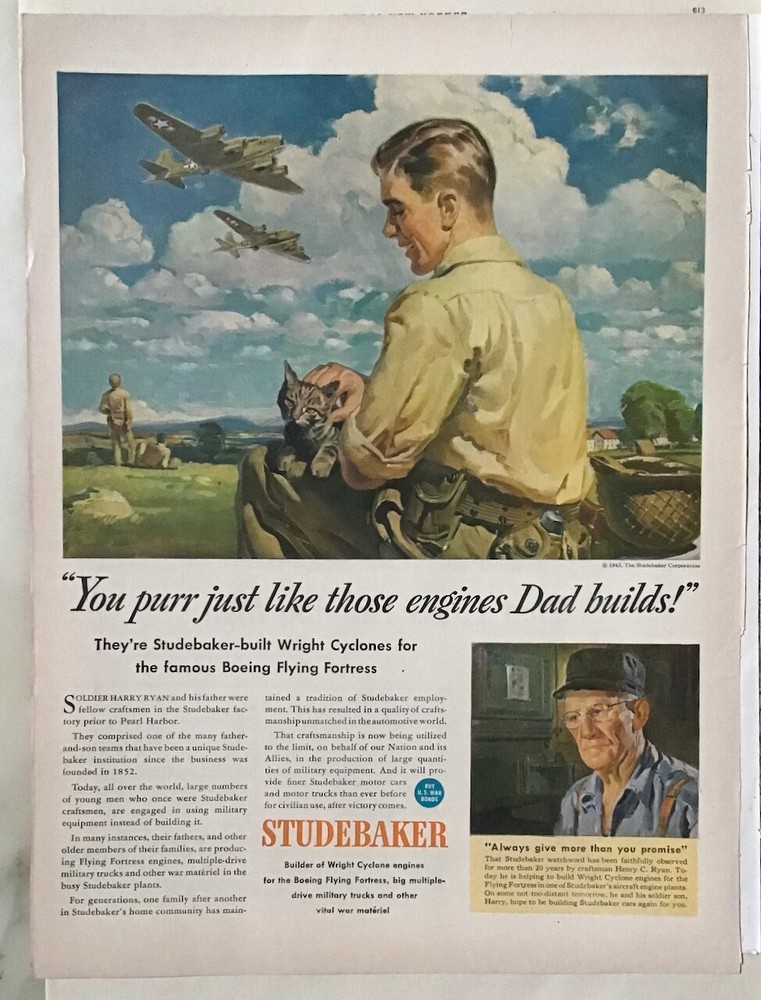 1943 magazine ad for Studebaker - Building Wright Cyclone engines for war, WW2