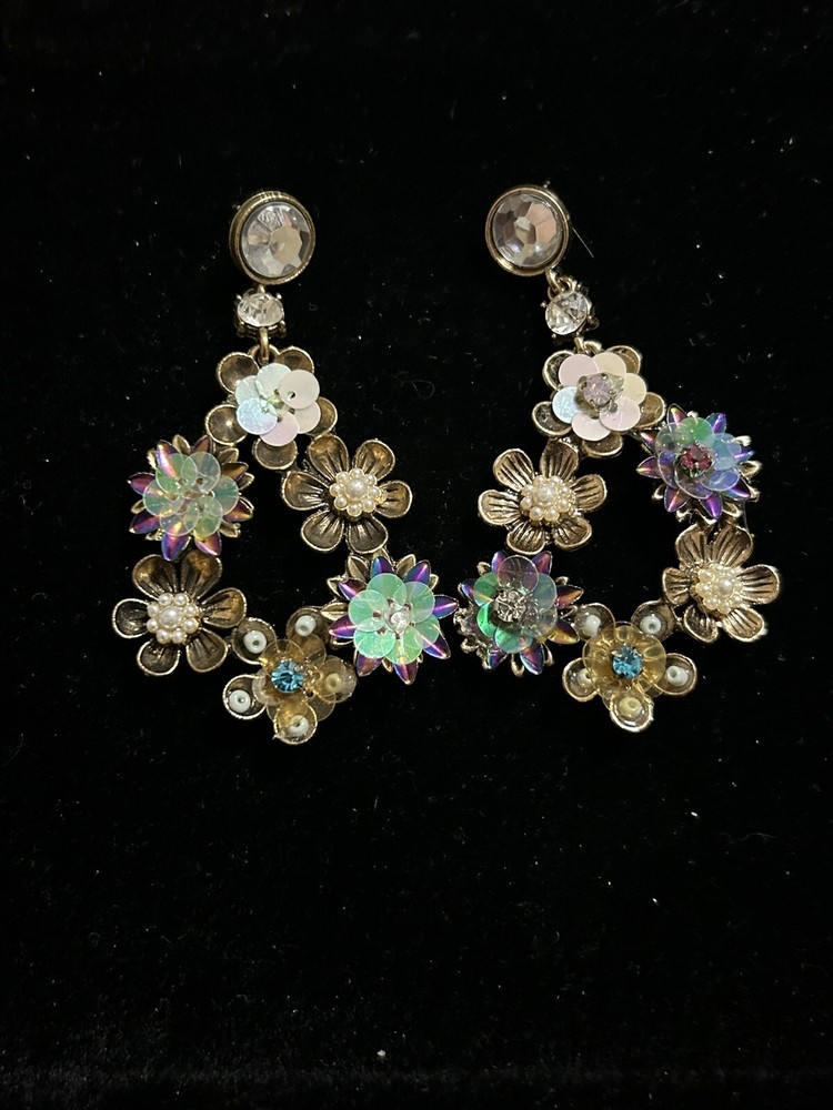 Floral, Plastics, Glass Bead, Rhinestone, Post Drop Earrings