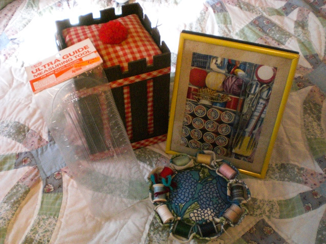 RED CHECKED GINGHAM Sewing Basket and Tools vintage lot