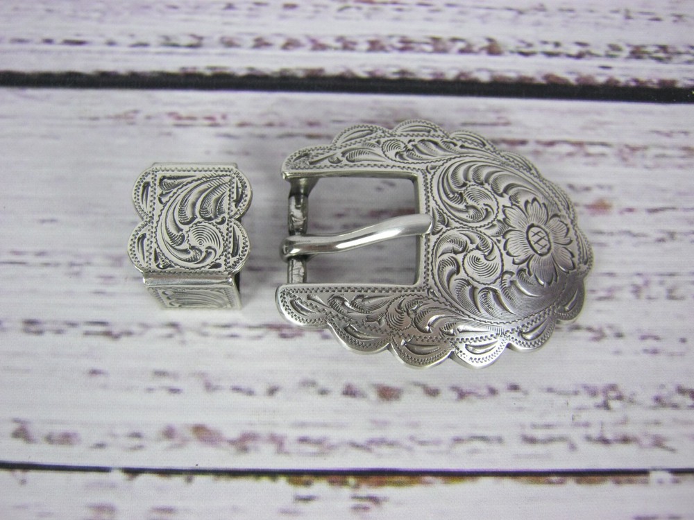 2 Piece Silver Engraved Buckle Set Loop 3/4"