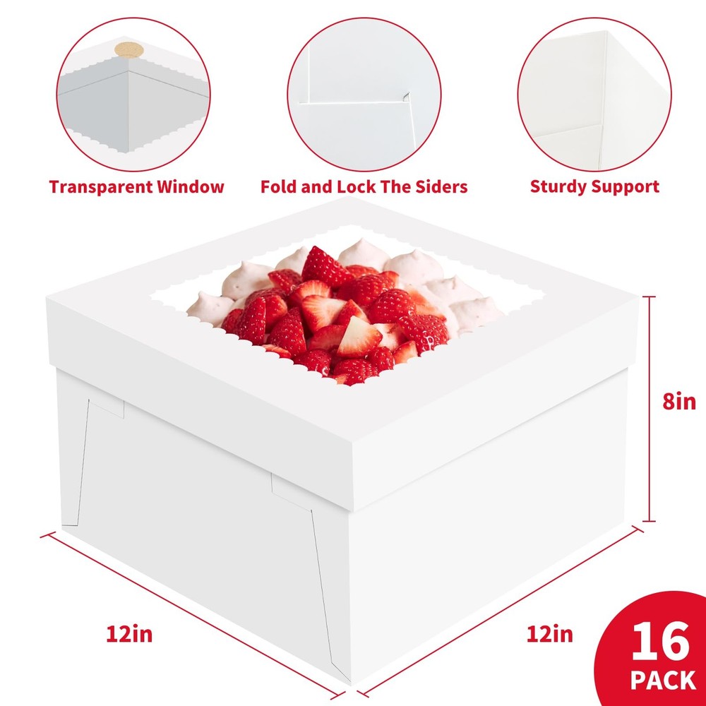 16 Pcs Cake Boxes, 12x12x8 Inch White Bakery Boxes with Window, Large Square ...