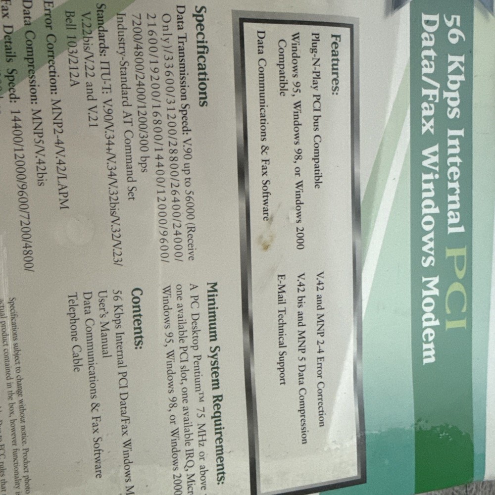 56K Internal Data/Fax Modem PCI Version Windows New Sealed Software Included