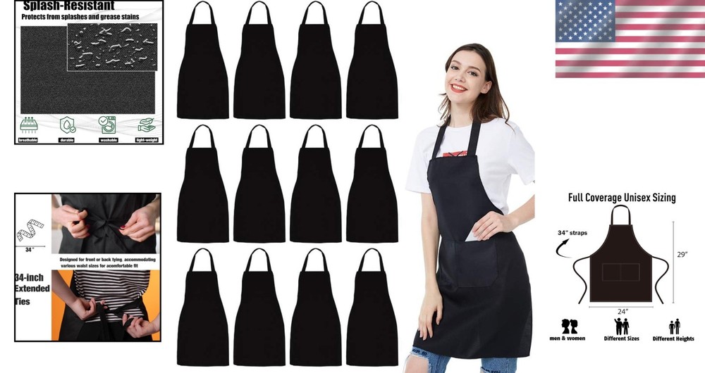 Bulk Bib Aprons 12 Pack - Black Kitchen Aprons with Pockets