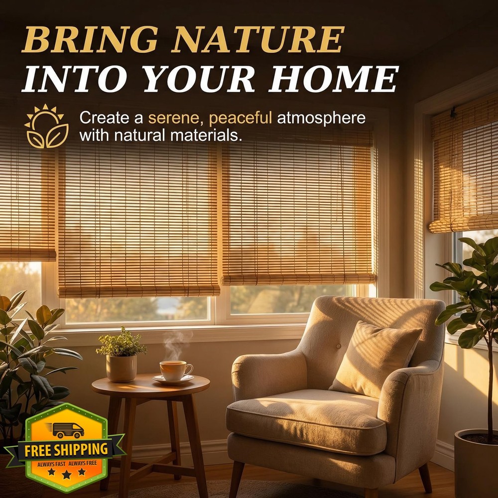 HIAPES Bamboo Blinds Roller Shades Indoor Window Custom Size