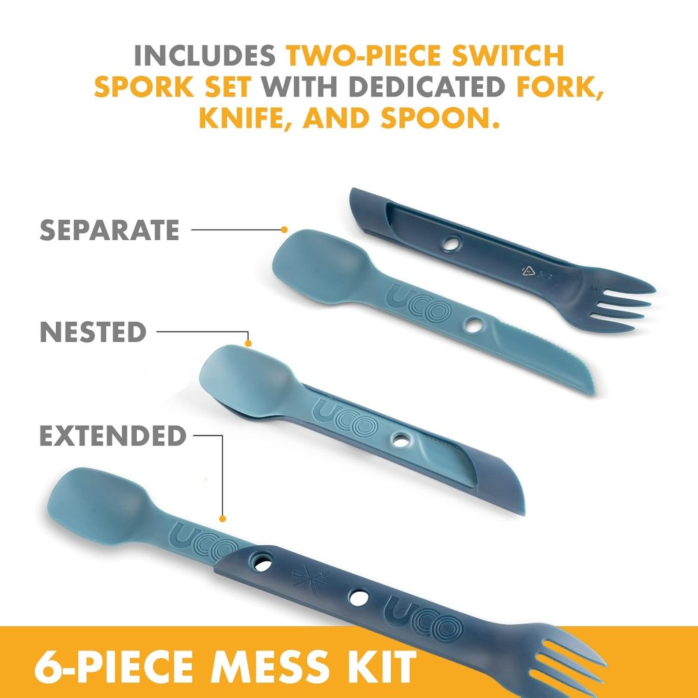 UCO 6-Pc Camping Mess Kit Bowl Plate Cup Switch Spork Bungee Tether