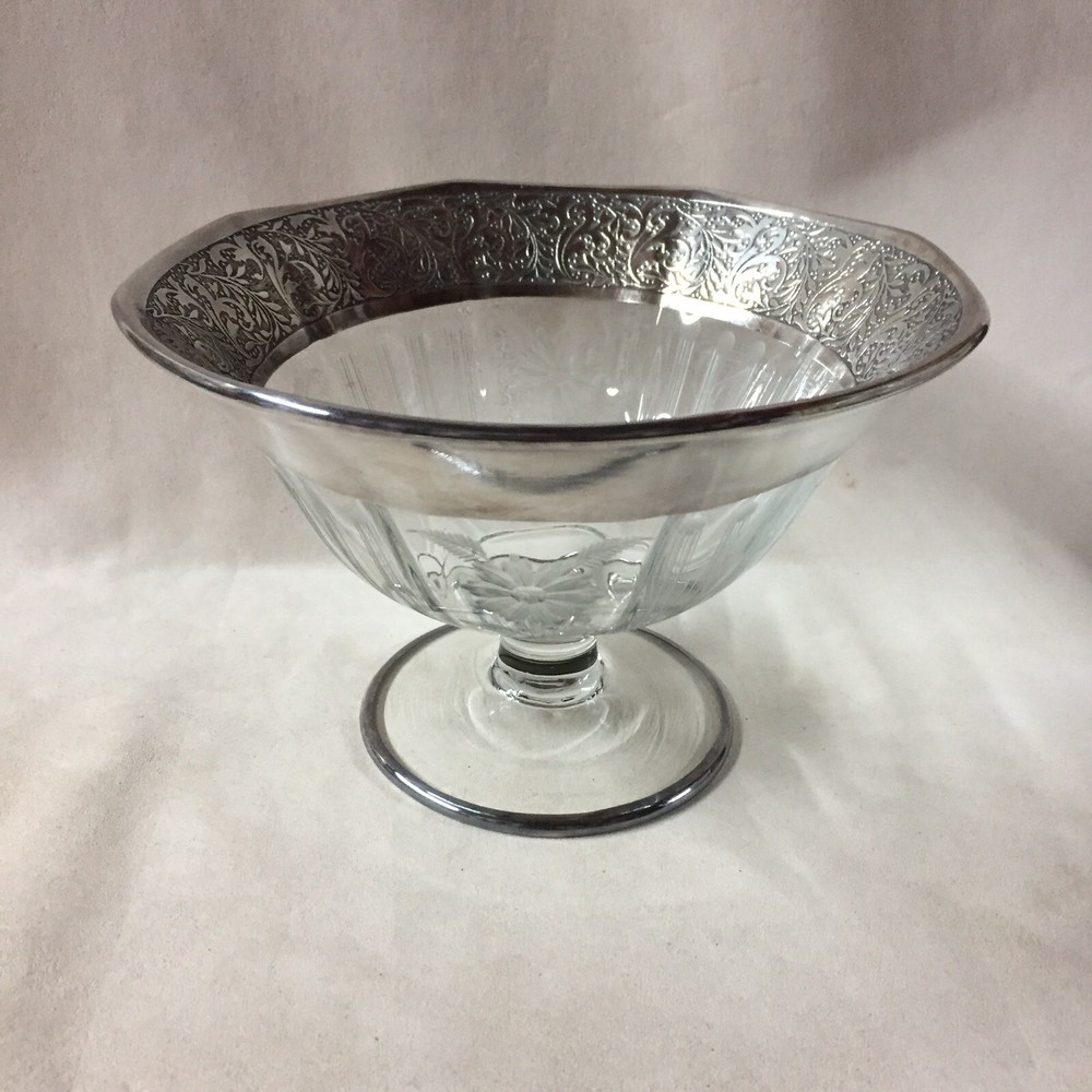 Antique Sterling Silver Etched Glass Compot Dish 7”