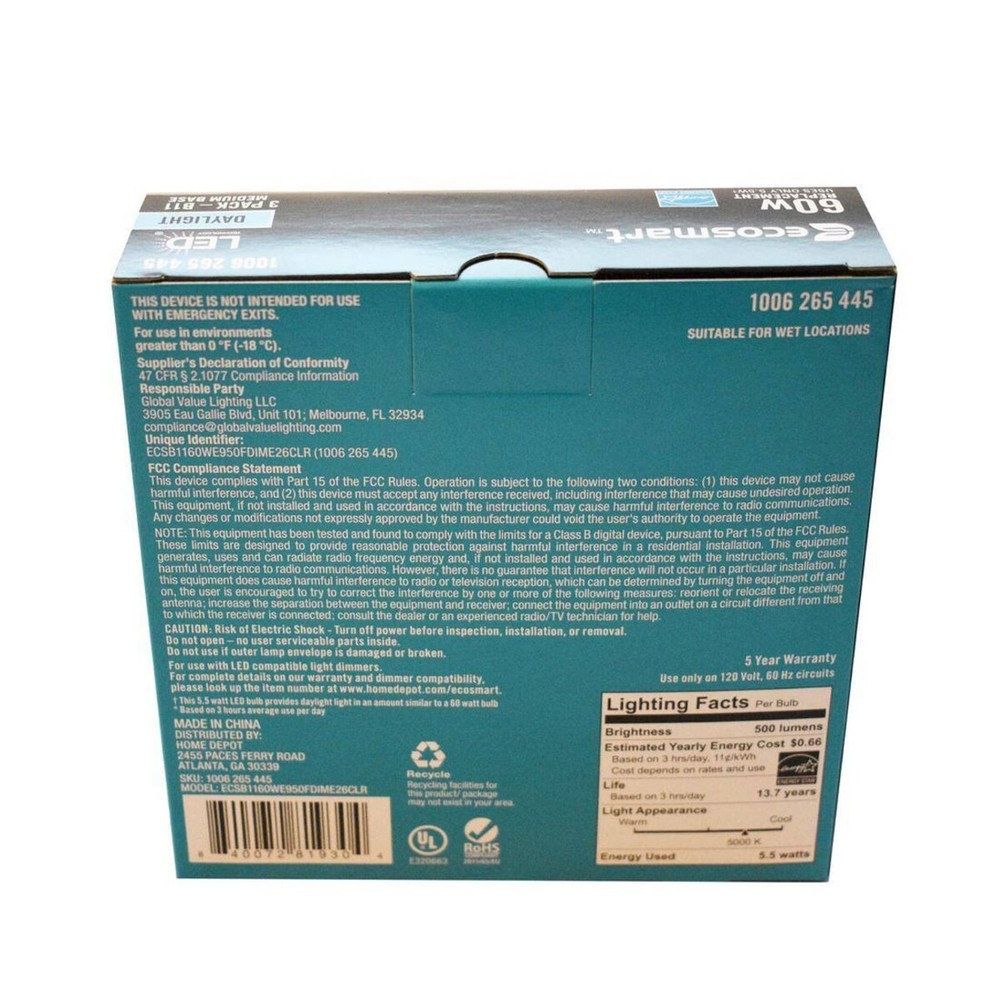 Eco-Smart LED B11 60W Equivalent Daylight Vintage Edison Bulbs (3-Pack)