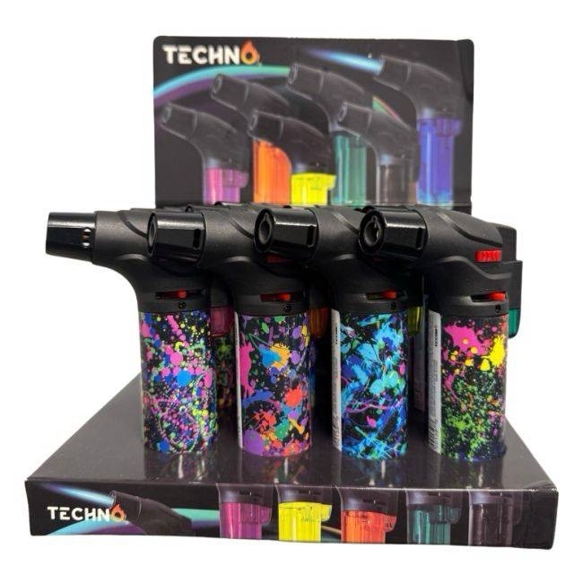 TECHNO BUTANE GAS ASSORTED DESIGN TORCH LIGHTER 12CT/ DISPLAY