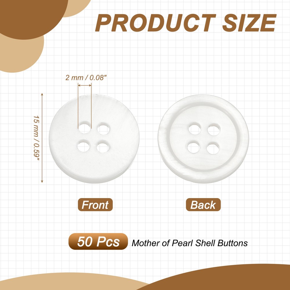 Natural Shell Button 4 Hole Shell Round Sewing Buttons 15 mm & 50 Pack & White