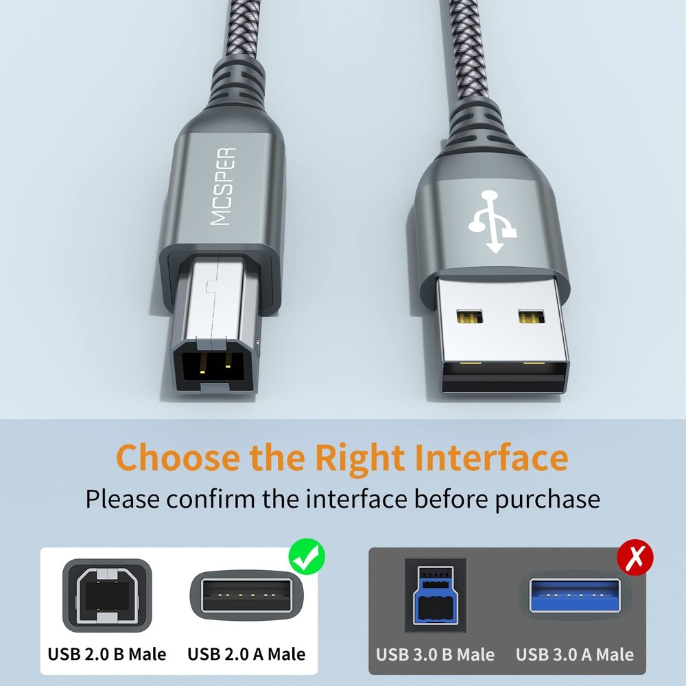 2 Pack USB Printer Cable - 5FT A to B - Compatible 5 feet, Grey