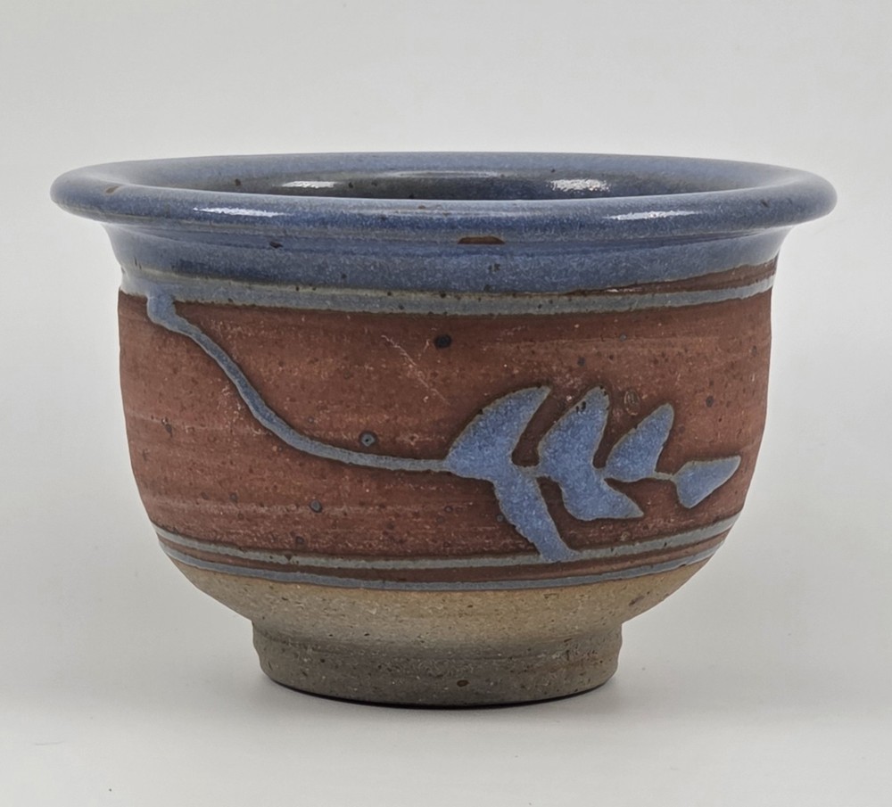 Stoneware Pottery Planter Pot Rustic Glossy Blue Raised Leaf Reddish Matte Small