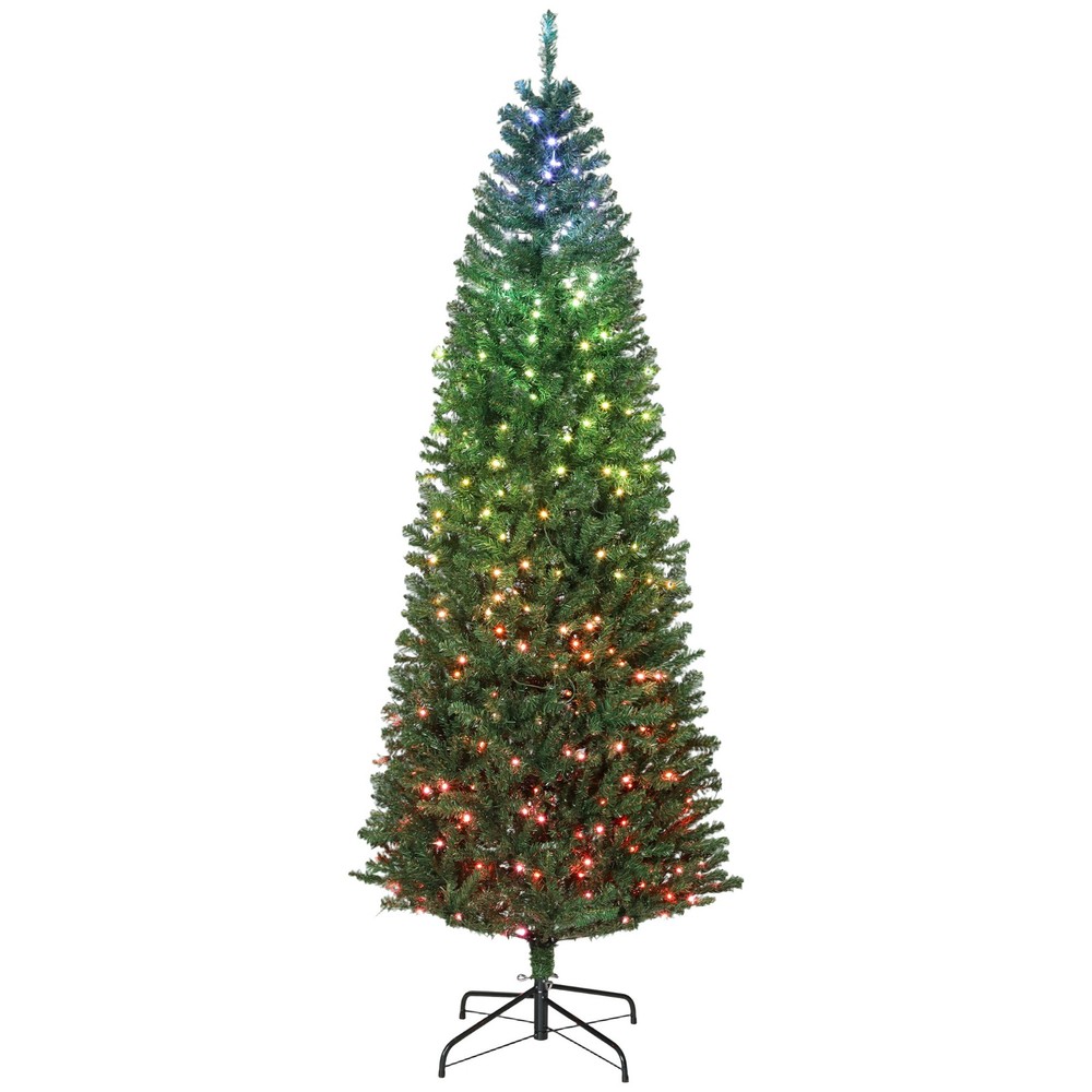 HOMCOM 7ft Christmas Tree with Synchronized LEDs, Hinged Slim Fir