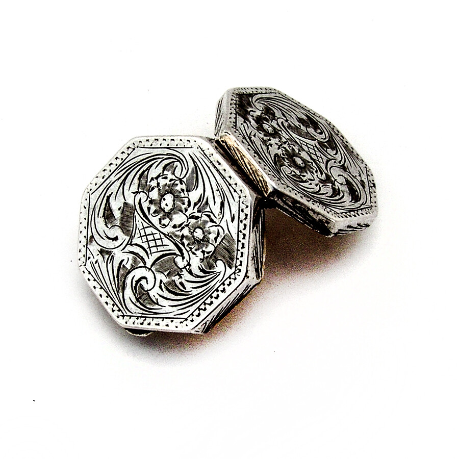Hexagonal Floral Engraved Pill Box Italian 800 Silver 1950s