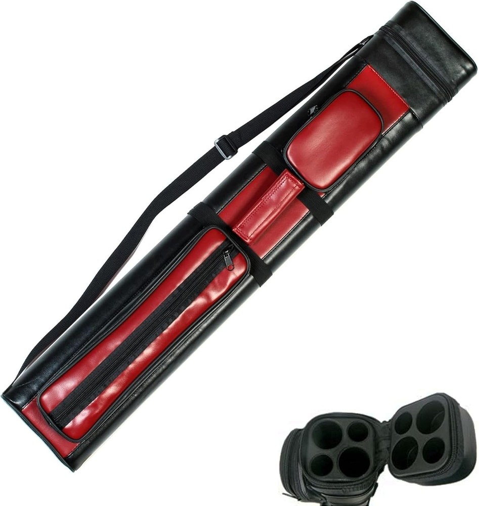 Stylish Hard Pool Cue Stick Case - Red/Black, Adjustable Strap, 2 Butts & 2 S...