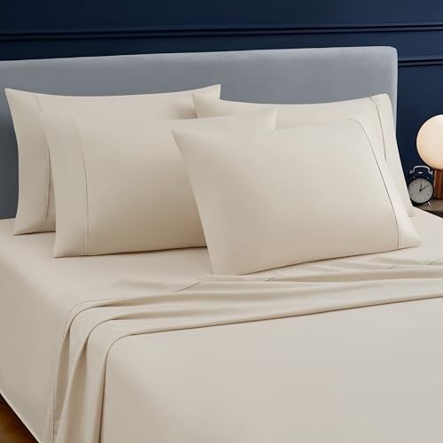 Sheets Set 6 Piece Cooling Bed Sheets with 4 Envelope Pillowcases King Beige