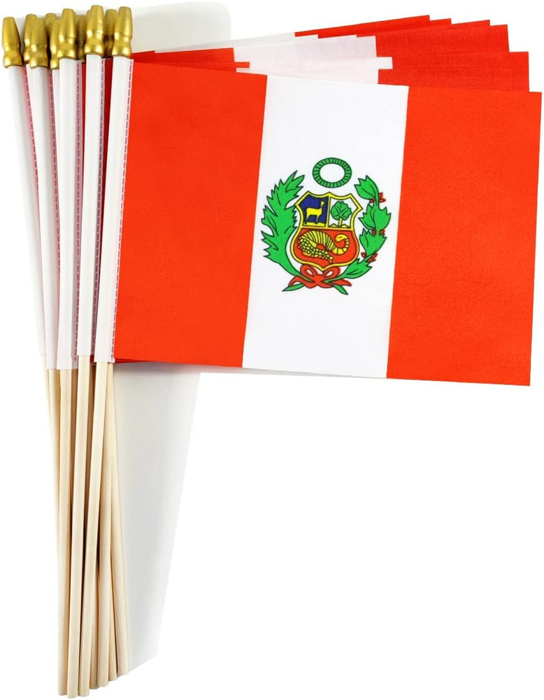 Peru Small Flag Peruvian Stick Mini Hand Held Flags - Solid Wooden Pole with Spe