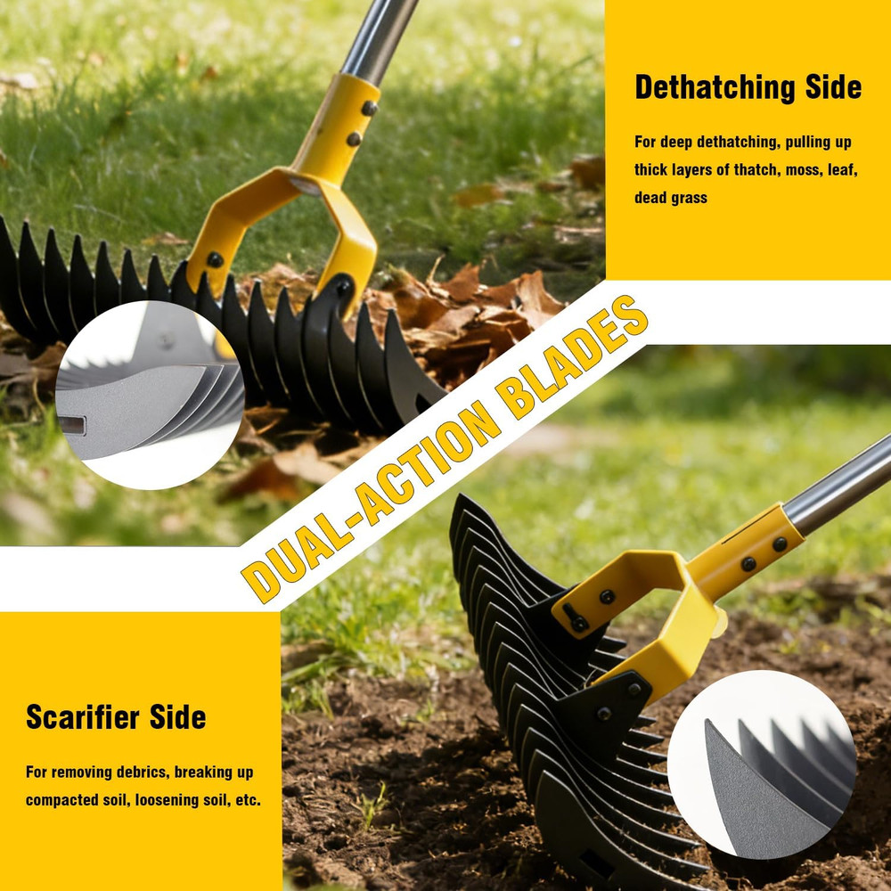 Thatch Rake, 15" Wide Lawn Dethatcher Rake, Heavy Duty Rake for Dethatching with