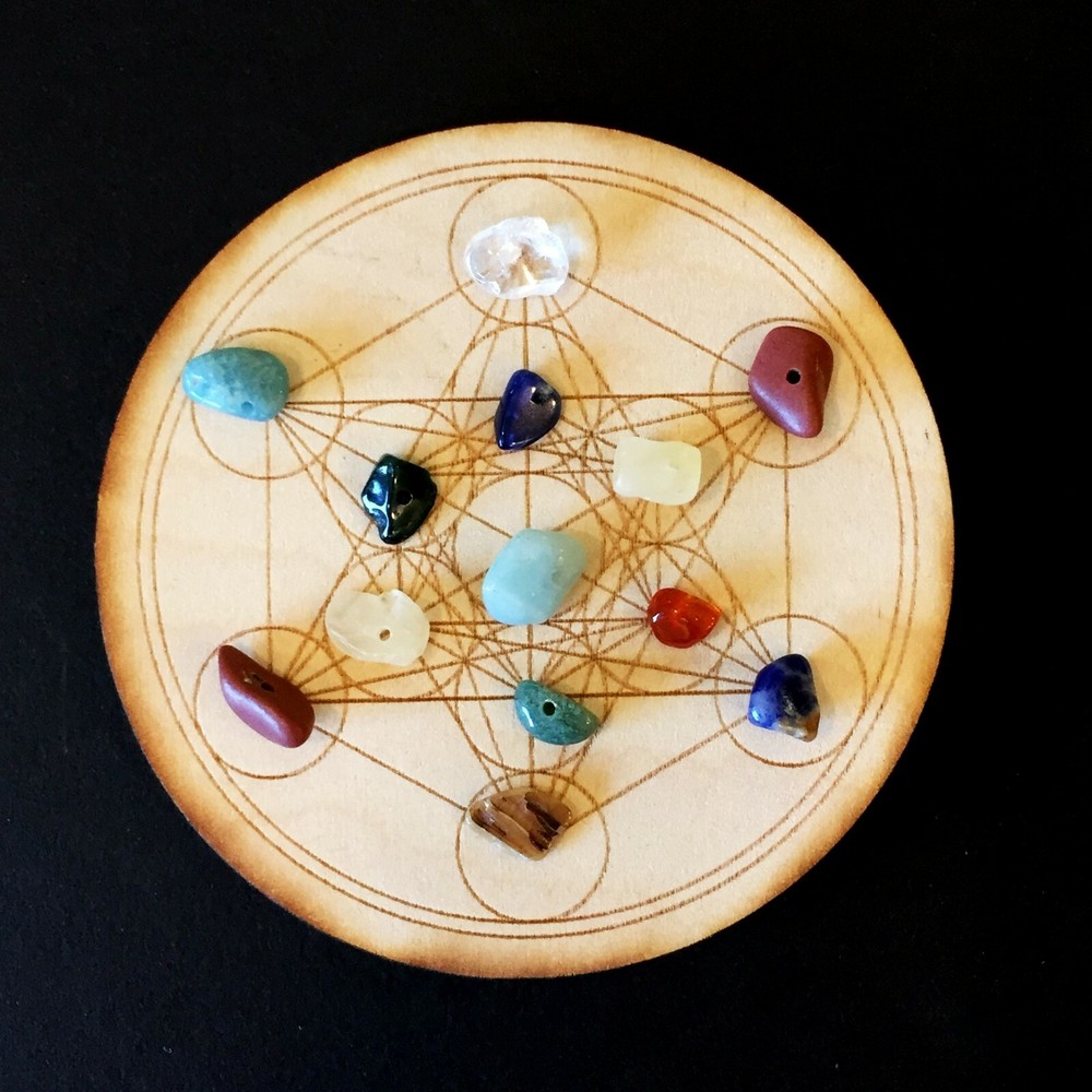 Laser engraved 3” Metratrone’s Cube Crystal Grid