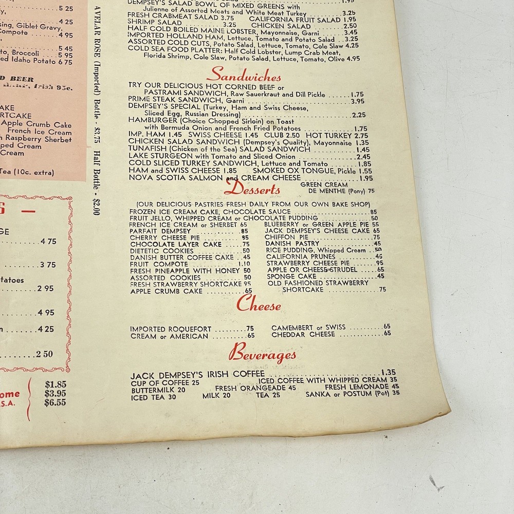 Jack Dempsey’s Restaurant Menu March 7 1971
