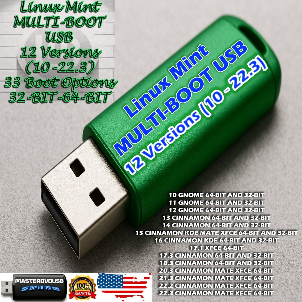 Linux Mint MULTI‑BOOT USB – 12 Versions (10 -22.3)33 Boot Options 32‑BIT-64-BIT