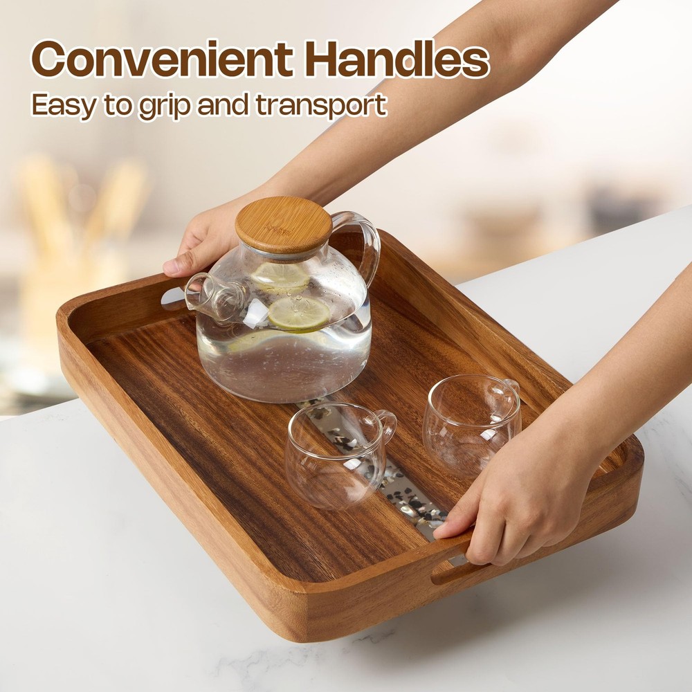 16x12 Acacia Wood Serving Tray, Handles, Rectangular, Ottoman, Breakfast