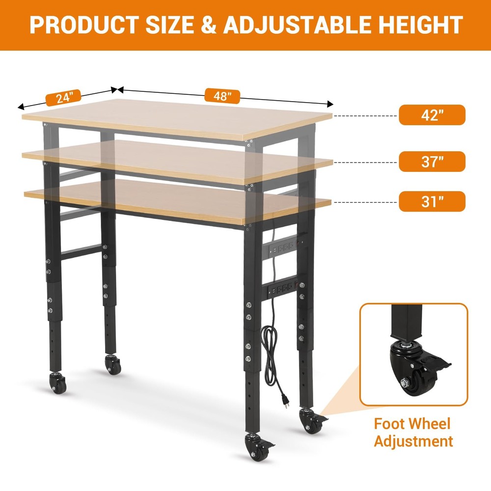 Adjustable Height Workbench 48"x 24" Work Bench Table w/ Power Outlets & Wheels
