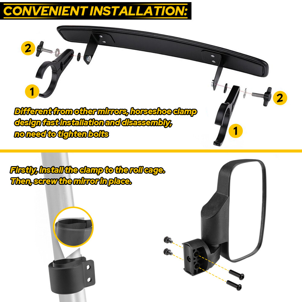 Universal UTV Rear Mirror View Side + Center Mirror Set Adjustable 1.75"-2"