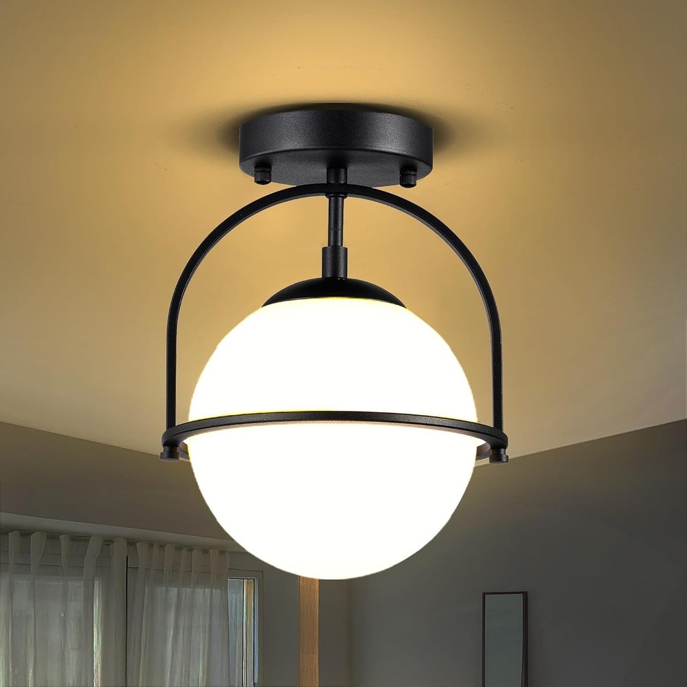 Flush Mount Globe Ceiling Light with Opal Glass Shade, Black E26 Base 1-Light