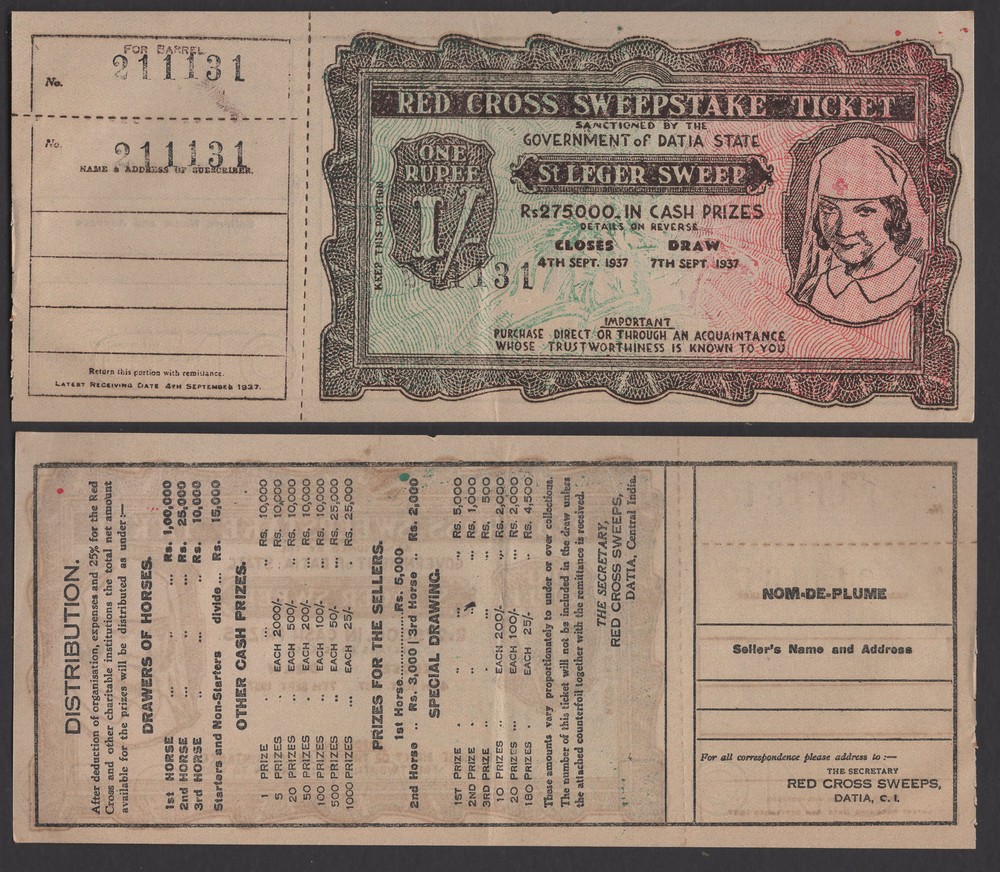India 1937 Datia State Red Cross Sweeptake Coupon