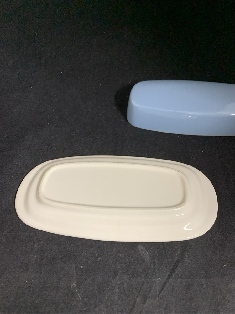 Vintage MCM Orbit Covered Butter Dish White & Blue