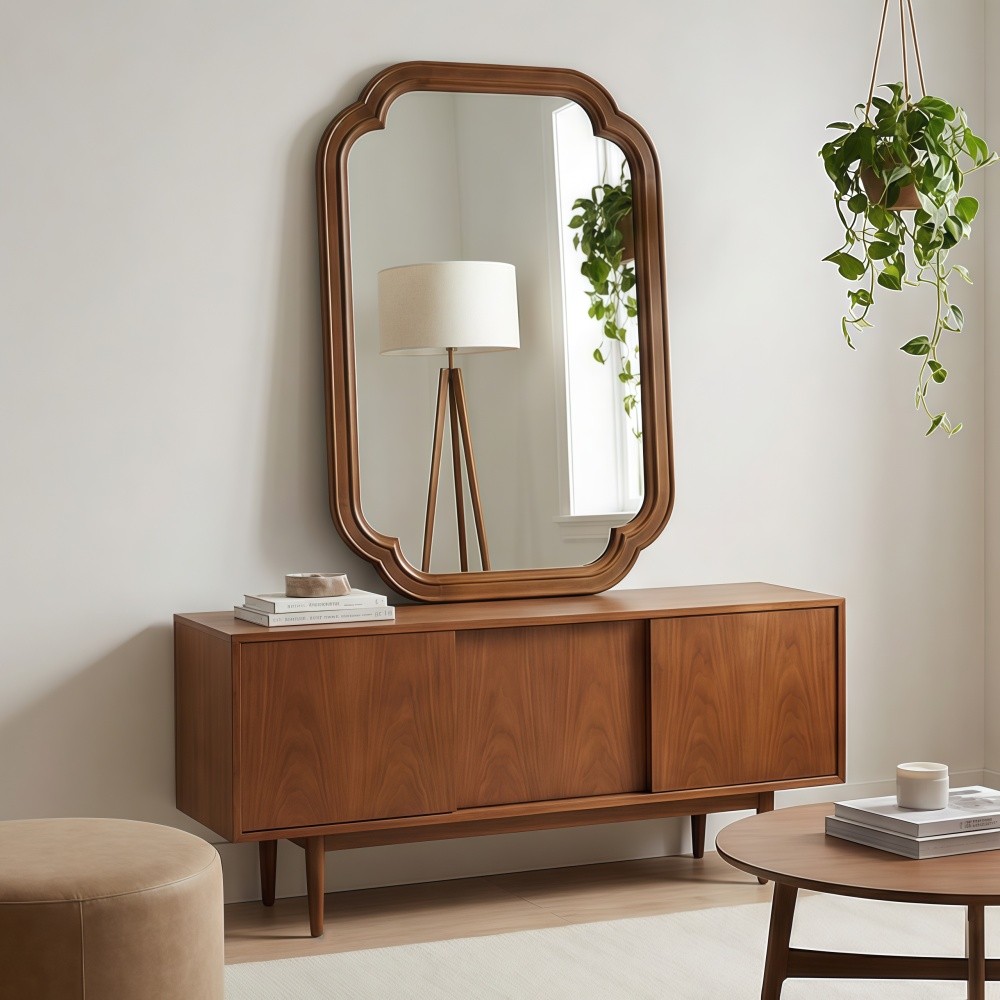 24x36 Solid Walnut Wall Mirror with Tempered Glass, Round Corner Art Deco