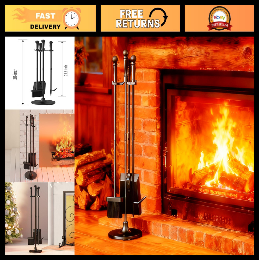 4-Piece Wrought Iron Fireplace Tools Set - Black Fire Tool Kit for Indoor/Outdoo