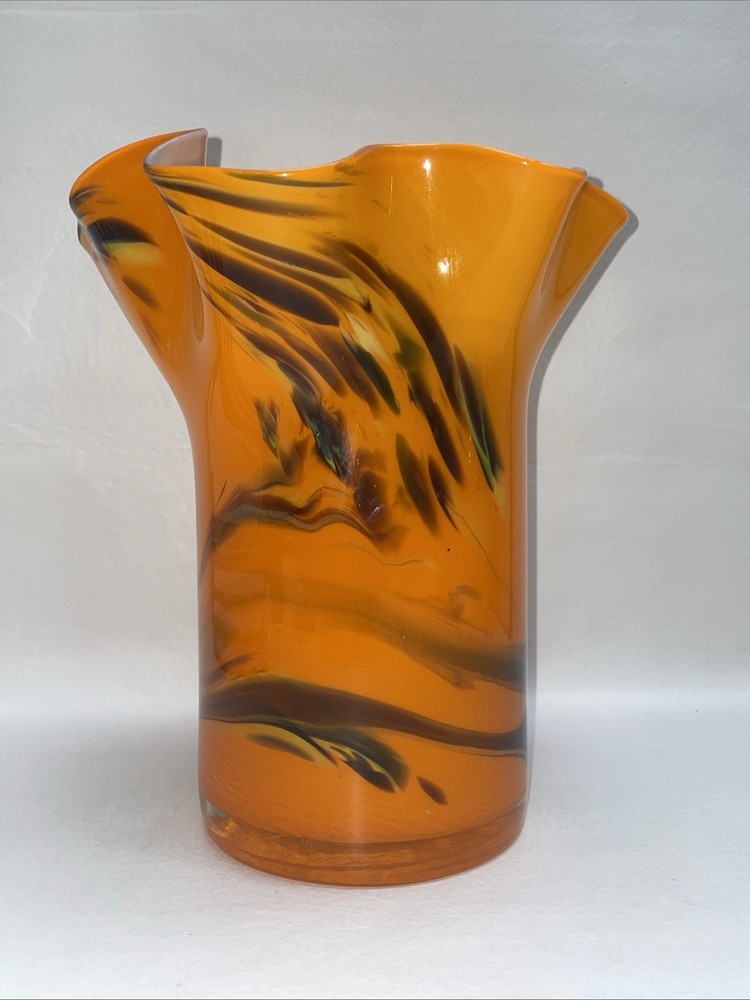 Orange Hand Blown Ruffle Edge Vase 9”