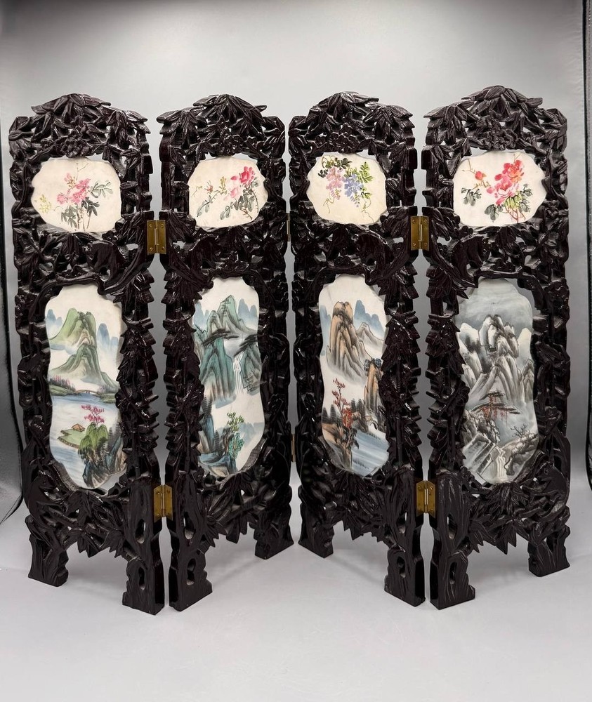 Chinese Four-Panel Folding Table Screen — Hand-Painted Dark Wood