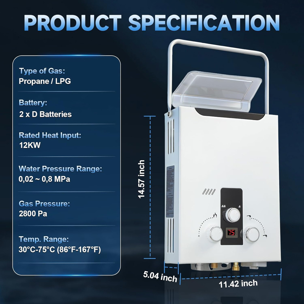 Propane Tankless Water Heater Outdoor, 2.11 GPM 8L, Portable Gas Water Heater wi