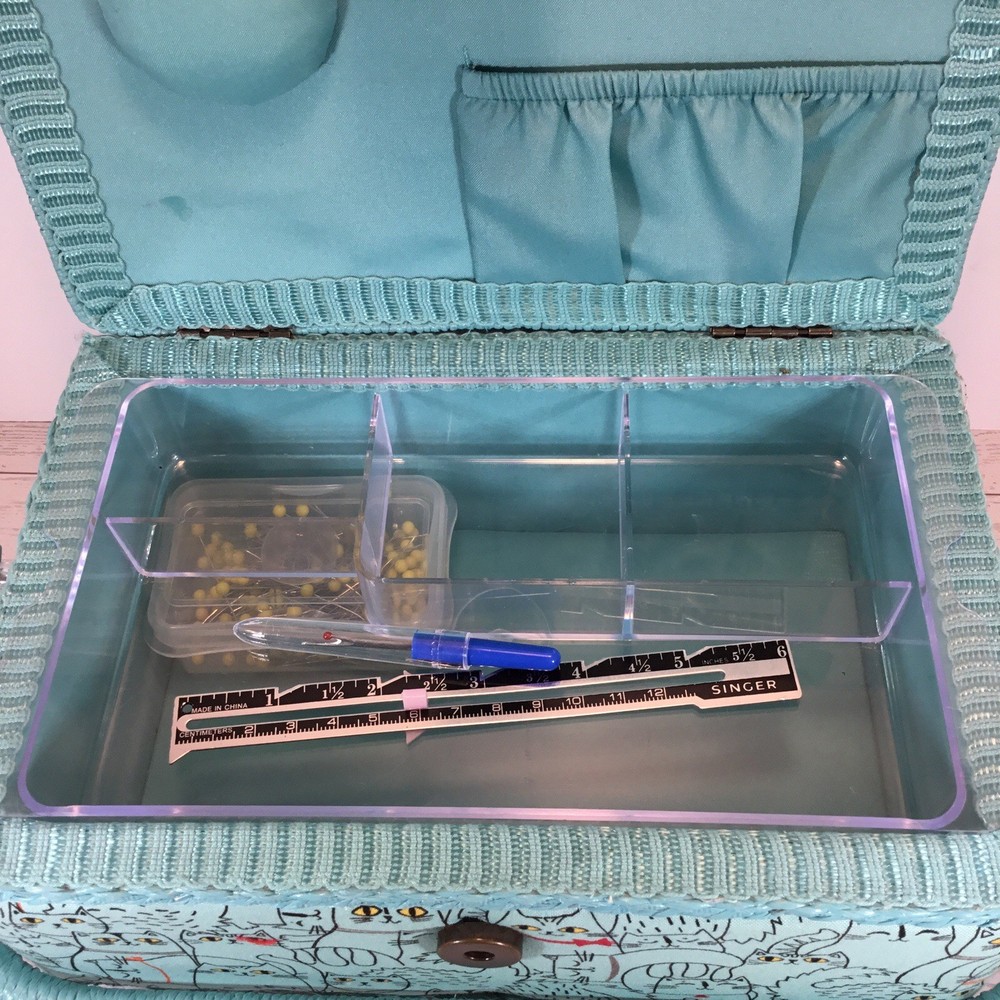 Sewing Box/Basket Light Blue With Cat Print