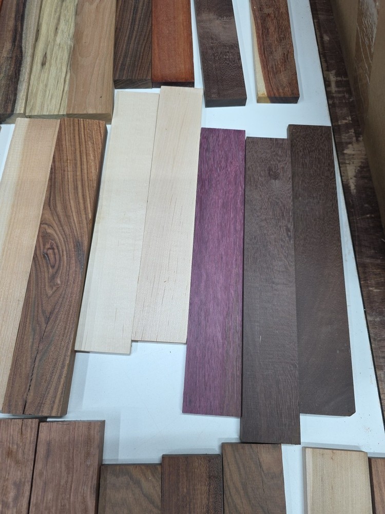 Assorted Domestic And Exotic Cutting Board Strips. 60 Total